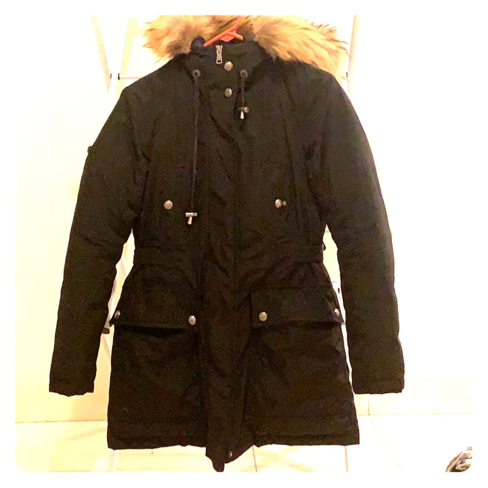 Andrew Marc XS black mid-thigh parka.